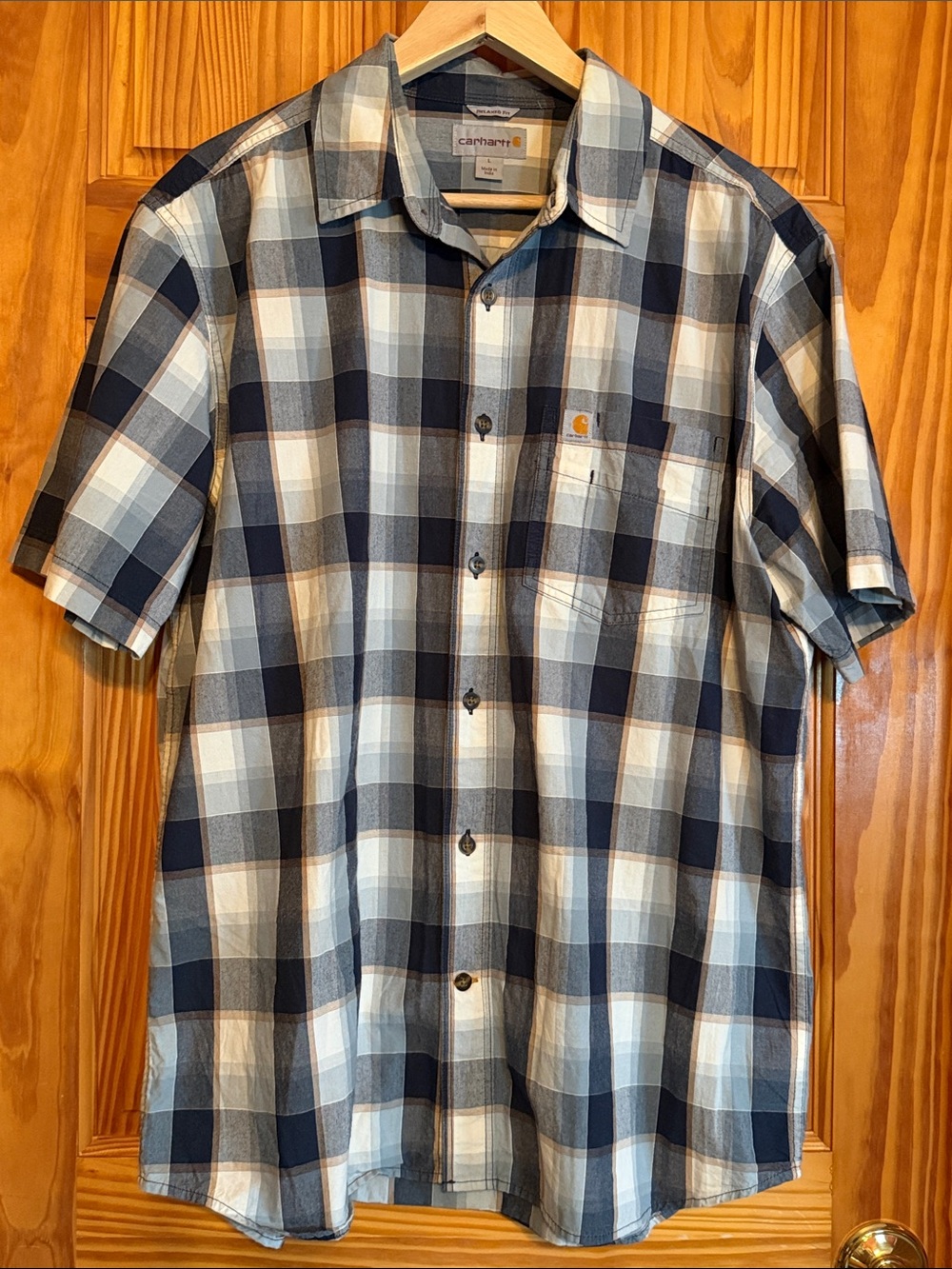 Carhartt Men's Navy and White Plaid Short-Sleeve Button-Down Shirt